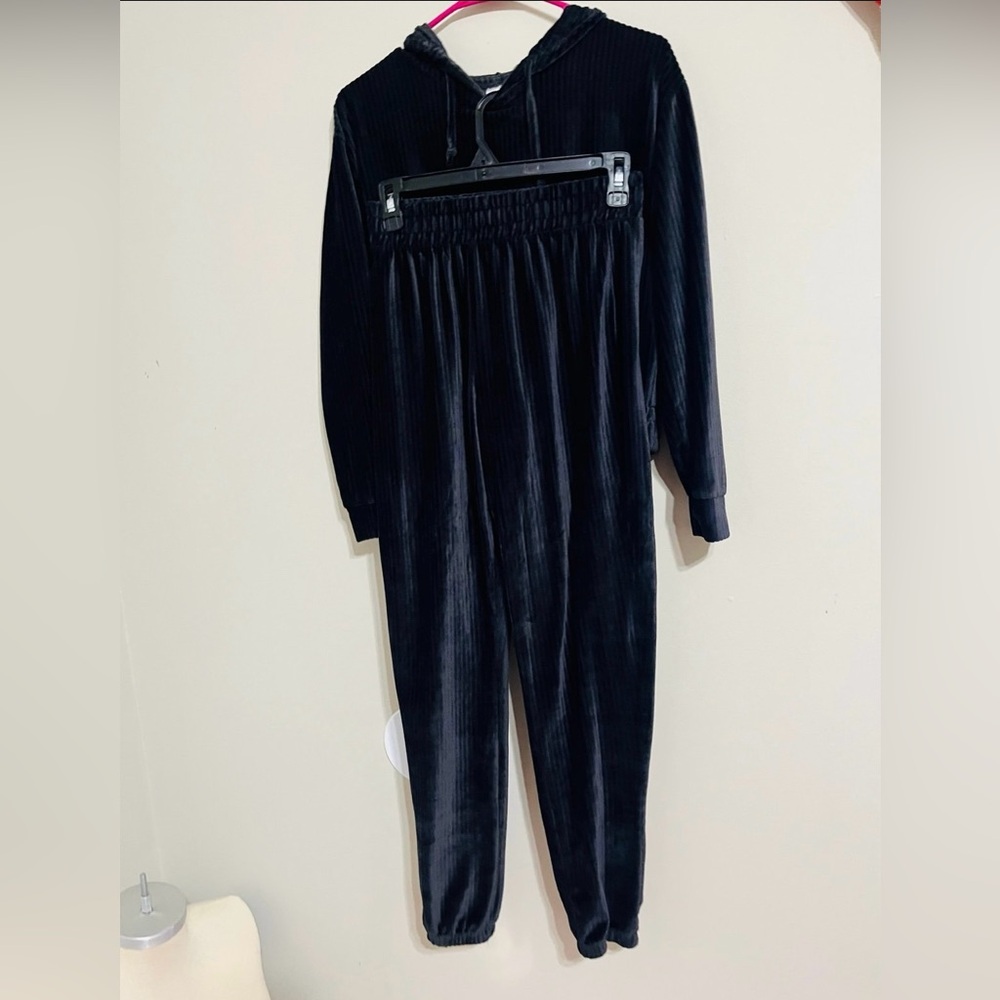 Women's Black Velvet Hooded Jumpsuit - Cozy Track Jogger Set
